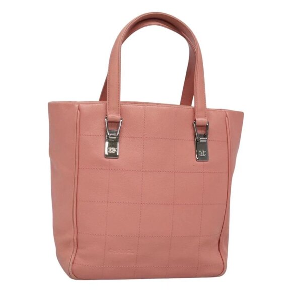 CHANEL Choco Bar COCO Mark Hand Bag Grained Calf Skin Pink Silver CC Auth PP558 - Picture 1 of 15